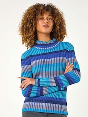 Roman Blue Roll Neck Stripe Print Ribbed Knit Jumper - Image 5 of 5
