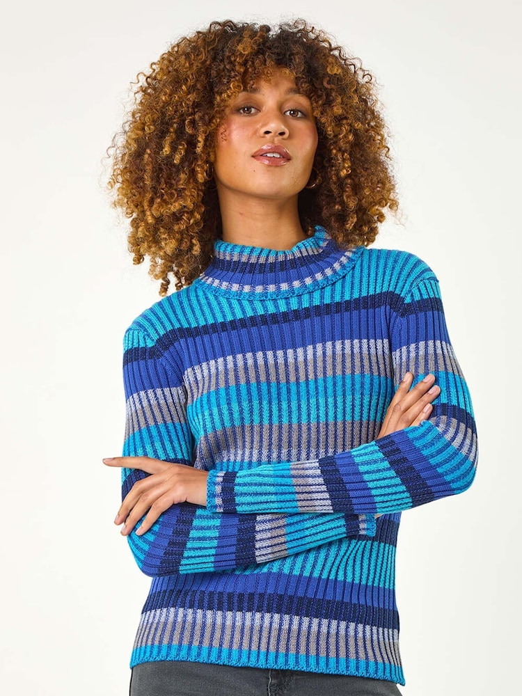 Roman Blue Roll Neck Stripe Print Ribbed Knit Jumper - Image 5 of 5