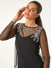 Roman Black Embellished Sequin Mesh Top - Image 1 of 5