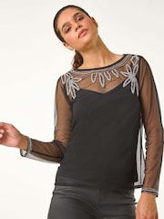 Roman Black Embellished Sequin Mesh Top - Image 3 of 5