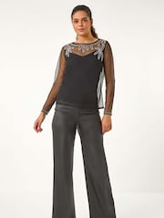 Roman Black Embellished Sequin Mesh Top - Image 5 of 5