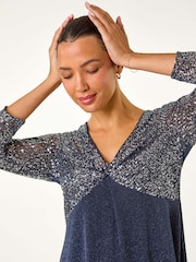 Roman Blue Sequin Bodice V-Neck Stretch Tunic Top - Image 1 of 6