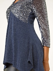 Roman Blue Sequin Bodice V-Neck Stretch Tunic Top - Image 3 of 6