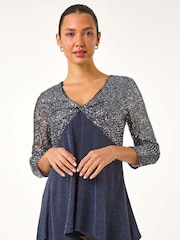Roman Blue Sequin Bodice V-Neck Stretch Tunic Top - Image 4 of 6
