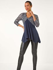 Roman Blue Sequin Bodice V-Neck Stretch Tunic Top - Image 6 of 6