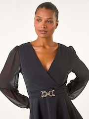 Roman Black Belted Peplum V-Neck Stretch Top - Image 1 of 5