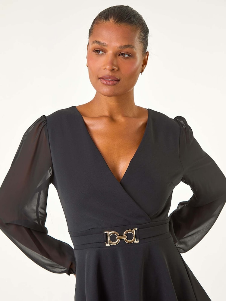 Roman Black Belted Peplum V-Neck Stretch Top - Image 1 of 5