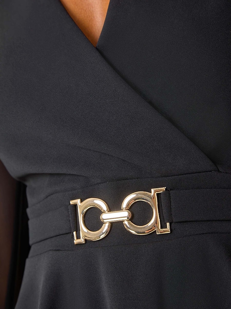 Roman Black Belted Peplum V-Neck Stretch Top - Image 2 of 5