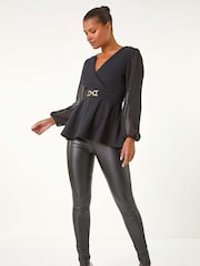 Roman Black Belted Peplum V-Neck Stretch Top - Image 5 of 5