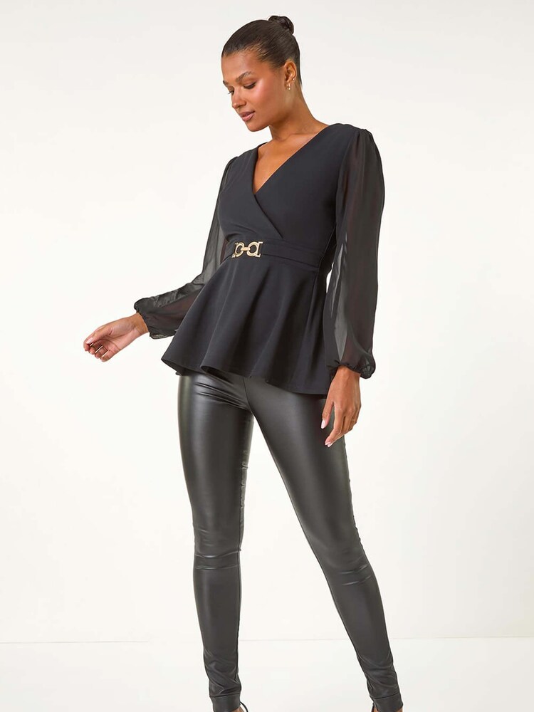 Roman Black Belted Peplum V-Neck Stretch Top - Image 5 of 5