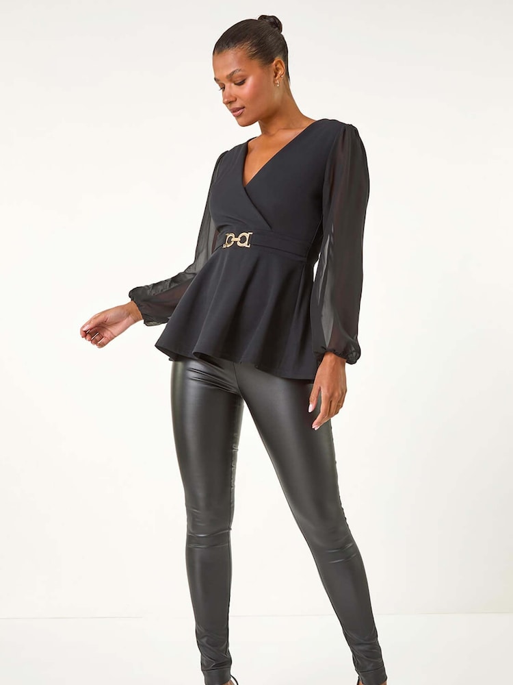 Roman Black Belted Peplum V-Neck Stretch Top - Image 5 of 5 Roman Black Belted Peplum V-Neck Stretch Top - Image 5 of 5
