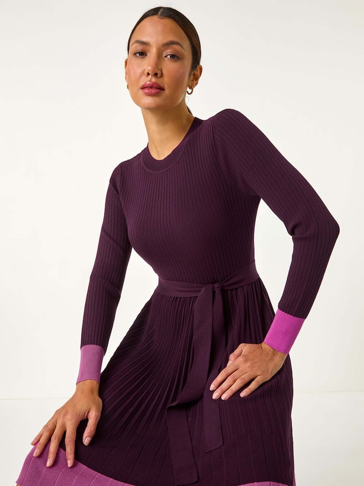 Roman Purple Contrast Border Knitted Stretch Dress - Image 1 of 5