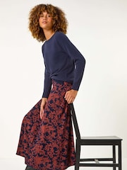 Roman Blue Foliage Floral Print Stretch Midi Skirt - Image 1 of 5