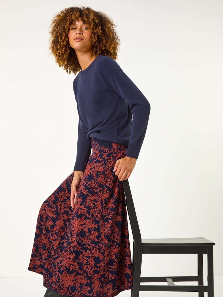 Roman Blue Foliage Floral Print Stretch Midi Skirt - Image 1 of 5