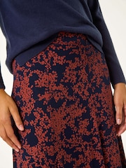 Roman Blue Foliage Floral Print Stretch Midi Skirt - Image 2 of 5