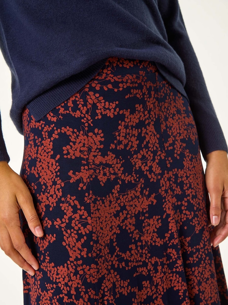 Roman Blue Foliage Floral Print Stretch Midi Skirt - Image 2 of 5