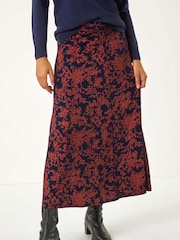 Roman Blue Foliage Floral Print Stretch Midi Skirt - Image 3 of 5