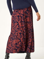 Roman Blue Foliage Floral Print Stretch Midi Skirt - Image 4 of 5