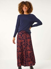Roman Blue Foliage Floral Print Stretch Midi Skirt - Image 5 of 5