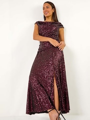 Roman Purple Sequin Cowl Neck Stretch Maxi Dress - Image 1 of 5