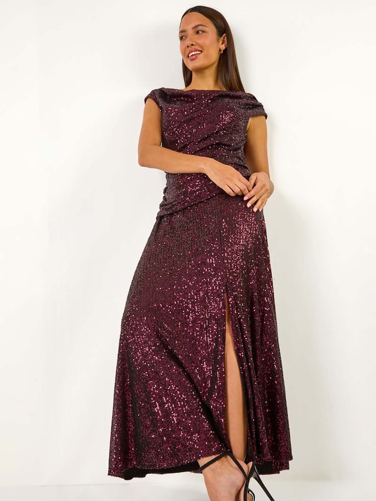 Lila - Roman Maxikleid mit Pailletten, Wasserfallausschnitt und Stretch - Bild 1 von 5 Lila - Roman Maxikleid mit Pailletten, Wasserfallausschnitt und Stretch - Bild 1 von 5