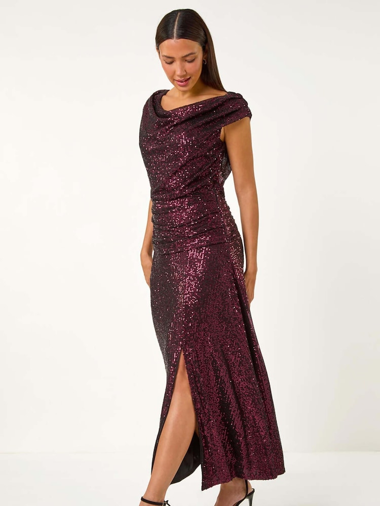 Lila - Roman Maxikleid mit Pailletten, Wasserfallausschnitt und Stretch - Bild 2 von 5 Lila - Roman Maxikleid mit Pailletten, Wasserfallausschnitt und Stretch - Bild 2 von 5