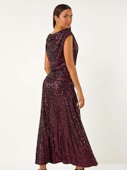 Roman Purple Sequin Cowl Neck Stretch Maxi Dress - Image 3 of 5