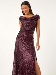 Roman Purple Sequin Cowl Neck Stretch Maxi Dress - Image 4 of 5