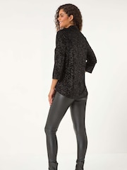 Roman Black Sparkle Velvet V-Neck Swing Tunic Top - Image 3 of 5