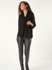 Roman Black Sparkle Velvet V-Neck Swing Tunic Top - Image 4 of 5
