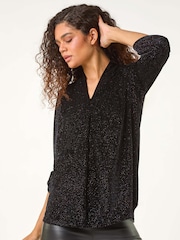 Roman Black Sparkle Velvet V-Neck Swing Tunic Top - Image 5 of 5
