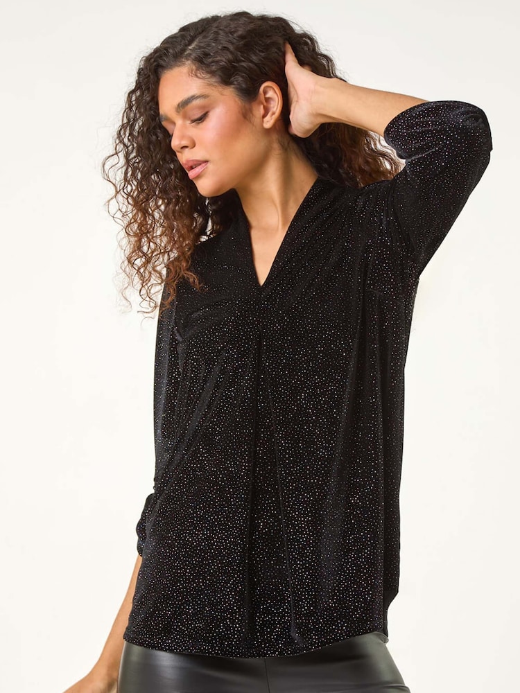 Roman Black Sparkle Velvet V-Neck Swing Tunic Top - Image 5 of 5