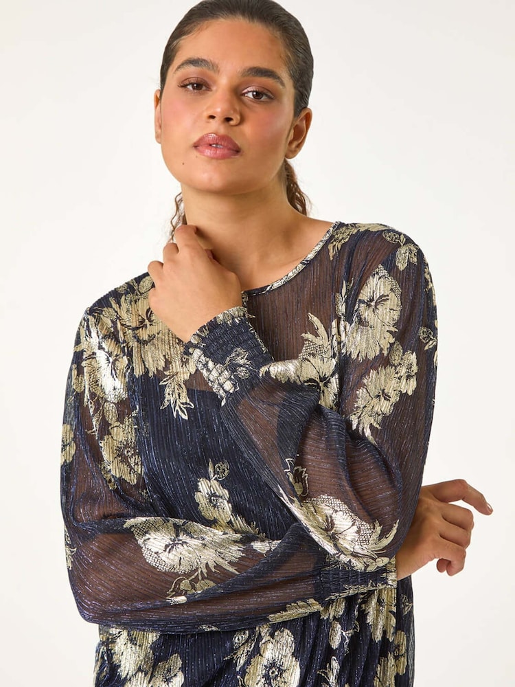 Roman Metallic Foil Floral Print Plisse Shirred Top - Image 1 of 6
