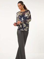 Roman Metallic Foil Floral Print Plisse Shirred Top - Image 3 of 6