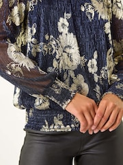 Roman Metallic Foil Floral Print Plisse Shirred Top - Image 4 of 6