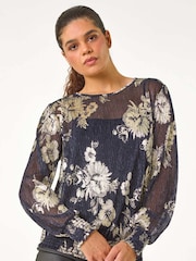 Roman Metallic Foil Floral Print Plisse Shirred Top - Image 5 of 6