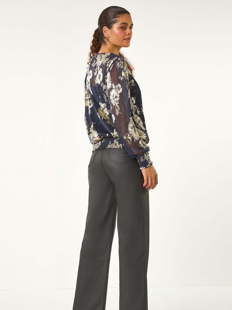 Roman Metallic Foil Floral Print Plisse Shirred Top - Image 6 of 6