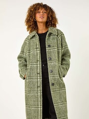 Roman Green Check Print Brushed Buttoned Coat - Image 1 of 5