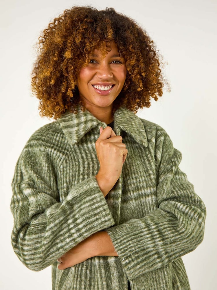 Roman Green Check Print Brushed Buttoned Coat - Image 5 of 5