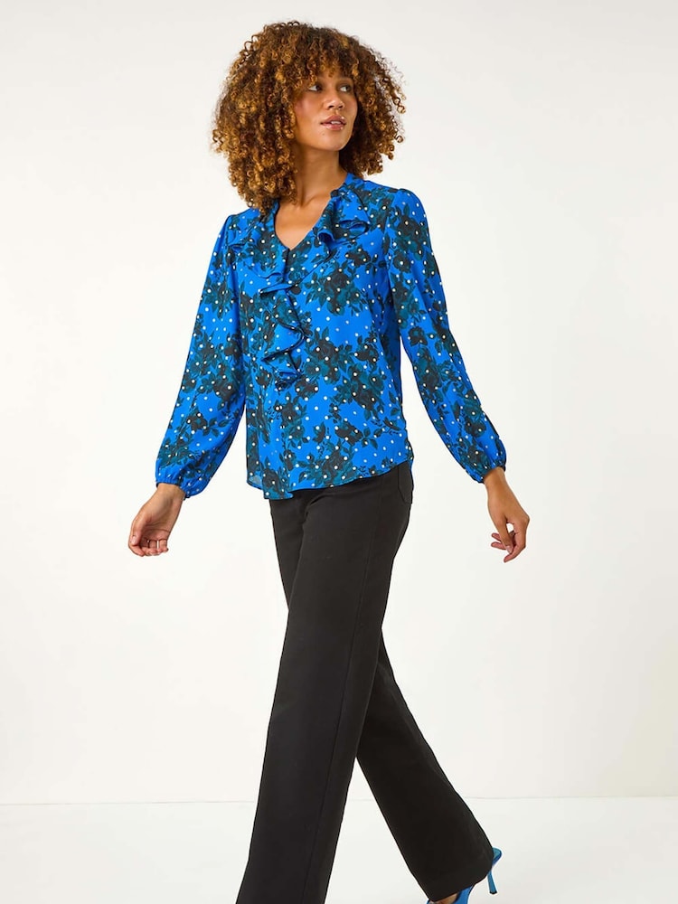 Roman Blue Foil Floral Print Ruffle Front Top - Image 2 of 5