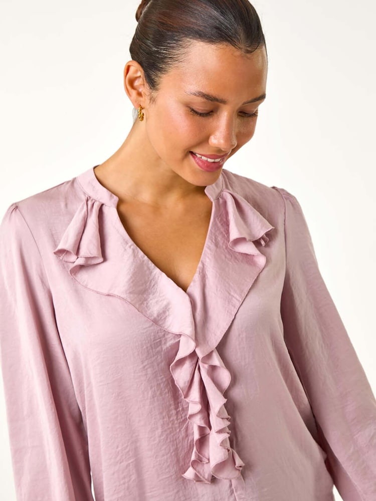Roman Satin Ruffle Front V-Neck Top - Imagen 1 de 5 Roman Satin Ruffle Front V-Neck Top - Imagen 1 de 5