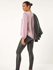 Roman Pink Light Satin Ruffle Front V-Neck Top - Image 4 of 5