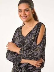 Roman Metallic Sparkle Floral Print V-Neck Banded Hem Top - Image 1 of 5