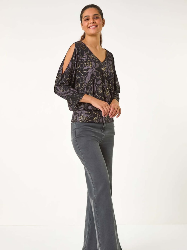 Roman Metallic Sparkle Floral Print V-Neck Banded Hem Top - Image 2 of 5