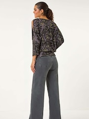 Roman Metallic Sparkle Floral Print V-Neck Banded Hem Top - Image 3 of 5