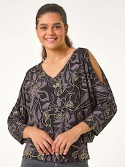 Roman Metallic Sparkle Floral Print V-Neck Banded Hem Top - Image 4 of 5