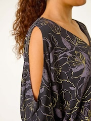 Roman Metallic Sparkle Floral Print V-Neck Banded Hem Top - Image 5 of 5