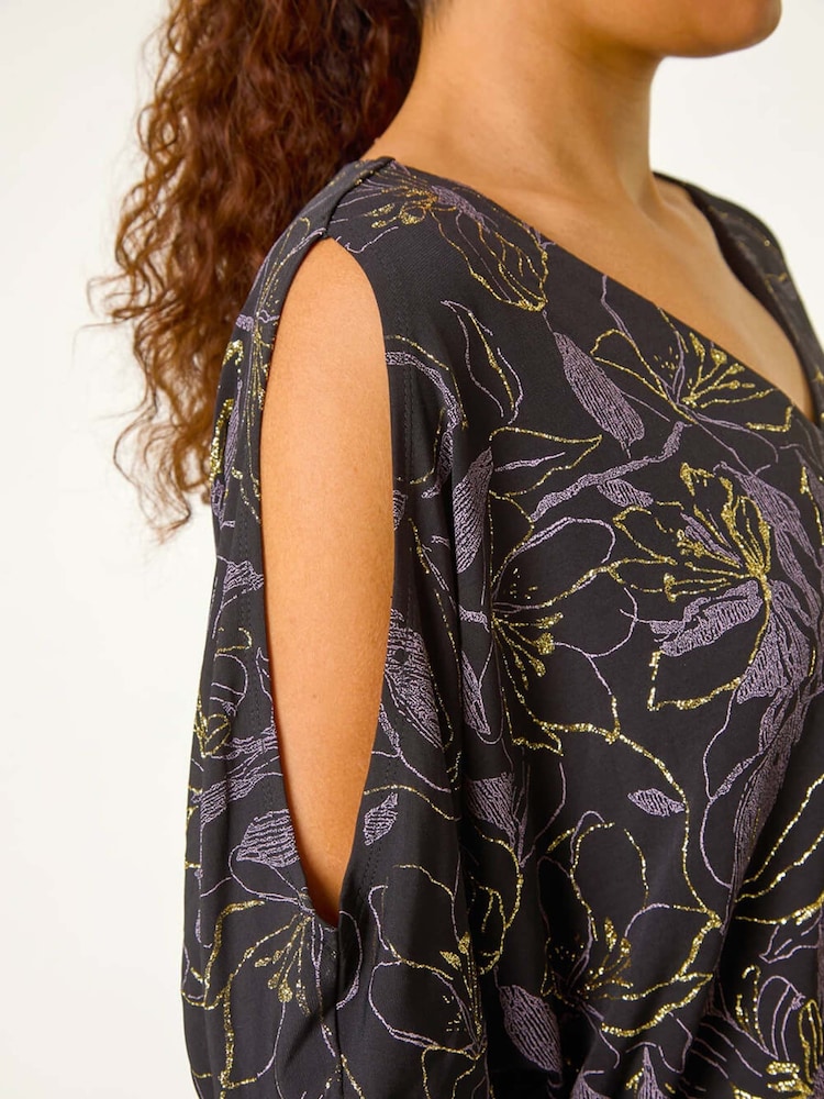 Roman Metallic Sparkle Floral Print V-Neck Banded Hem Top - Image 5 of 5