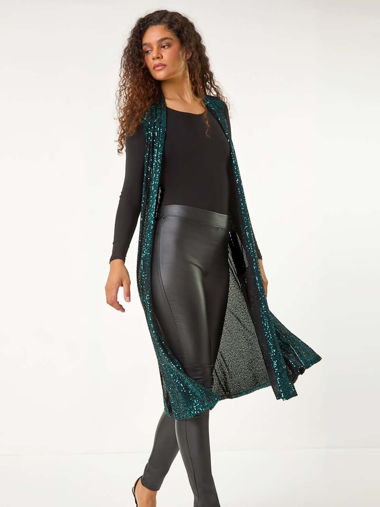Roman Green Sequin Longline Stretch Cardigan - Image 1 of 6