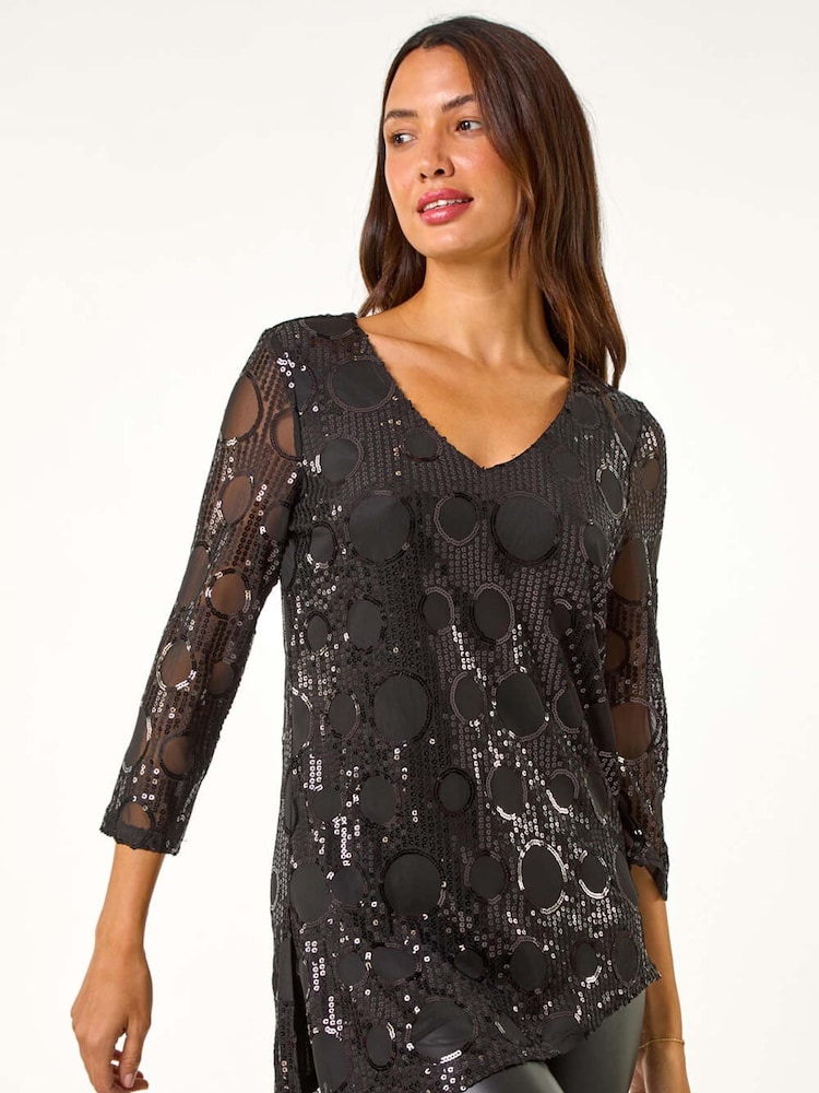 Roman Black Circle Sequin Asymmetric Top - Image 1 of 5
